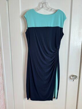 Chaps Teal & Navy Colorblock Ruched Side Sheath Midi Cap Sleeve Dress sz L